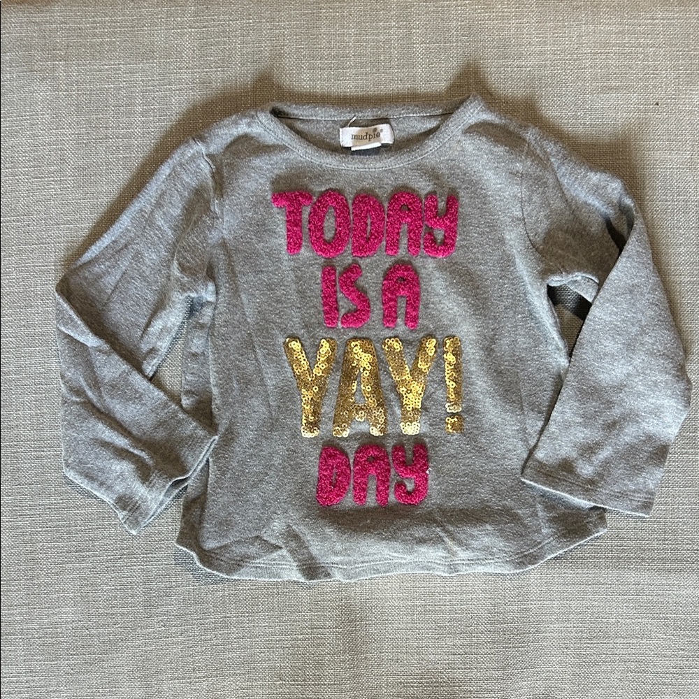 Mud Pie Gray Thick Long Sleeve Tee with Pink and Gold Print